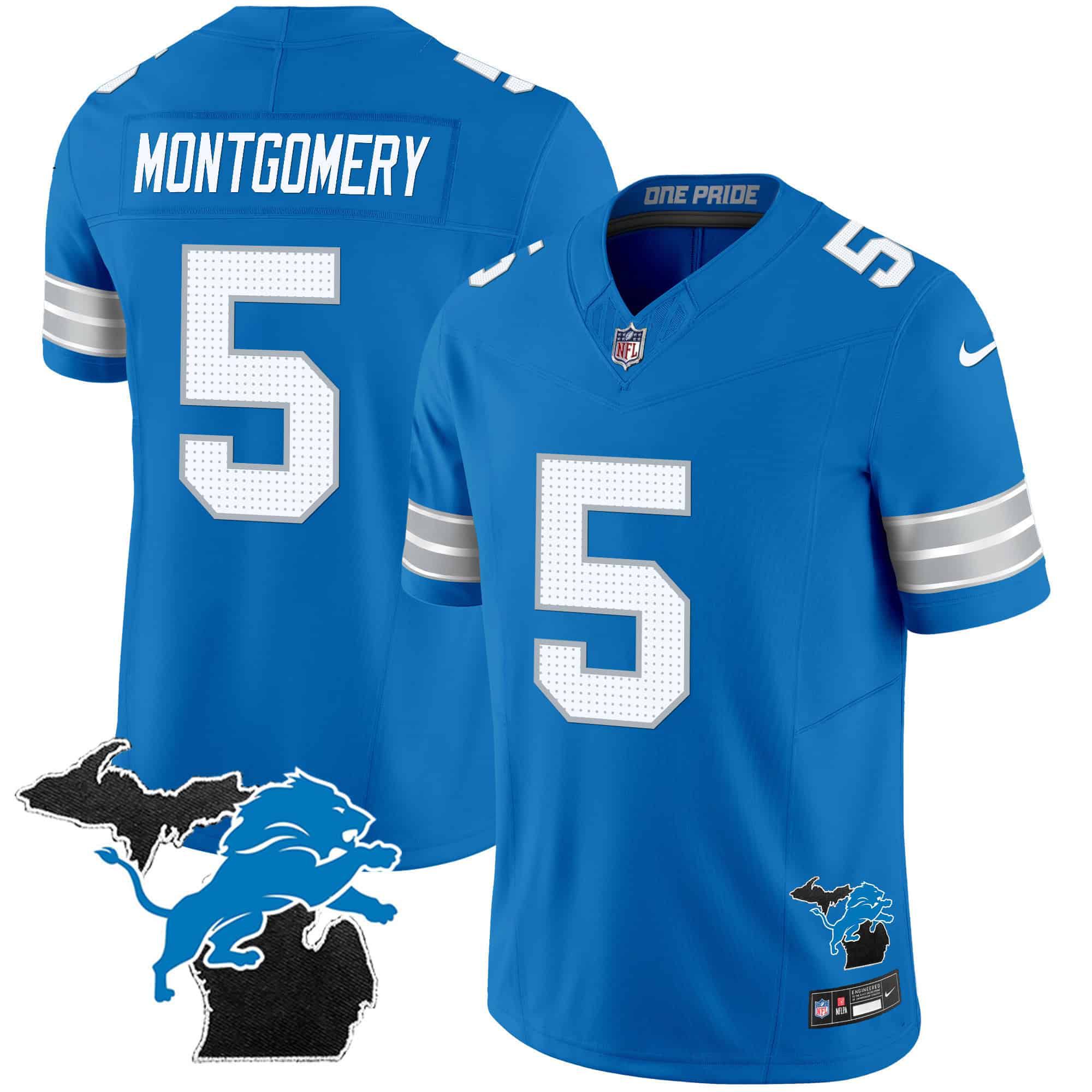 Men Detroit Lions 5 Montgomery Blue 2024 Nike Michigan Patch Vapor Limited NFL Jersey